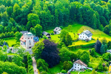 Avusturya 'nın Salzburg kentinde bir banliyö manzarası. Aile evleri ormanlar, çayırlar ve tepelerle çevrili.