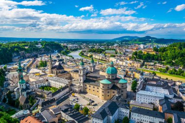 Aerial panoramic view of the historic city of Salzburg including Mirabell palace, the Salzburg cathedral and many churches