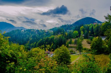 Krauselklause, Polleroswand 'ın önündeki demiryolunu çevreleyen dağ manzarasıyla donatır. Arka planda karlı Rax dağ sırası var. Breitenstein am Semmering, Aşağı Avusturya, Avusturya
