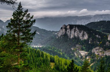 Krauselklause, Polleroswand 'ın önündeki demiryolunu çevreleyen dağ manzarasıyla donatır. Arka planda karlı Rax dağ sırası var. Breitenstein am Semmering, Aşağı Avusturya, Avusturya