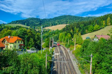 Breitenstein 'a bir tren geliyor. Austria' daki ünlü semmeringbahn tren istasyonunun bir parçası olan Unesco Dünya Mirası 'nın bir parçası.