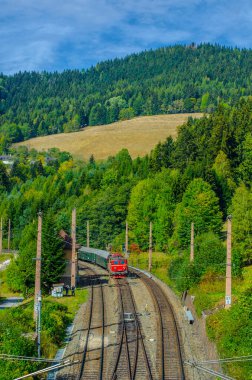 Breitenstein 'a bir tren geliyor. Austria' daki ünlü semmeringbahn tren istasyonunun bir parçası olan Unesco Dünya Mirası 'nın bir parçası.