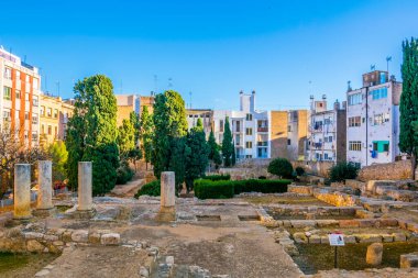 Columns of the Roman forum surrounded by modern buildings in Tarragona, Catalonia, Spain