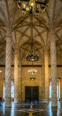 Ceiling view of the Old Silk Exchange (Lonja de la Seda), Valencia, Spain. UNESCO World Heritage Site.