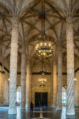 Ceiling view of the Old Silk Exchange (Lonja de la Seda), Valencia, Spain. UNESCO World Heritage Site.