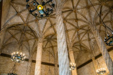 Ceiling view of the Old Silk Exchange (Lonja de la Seda), Valencia, Spain. UNESCO World Heritage Site.