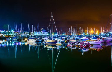 İspanya, Alicia 'daki yat limanına demir atan yatların gece görüşü.