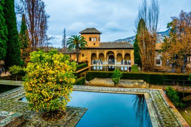 Alhambra de Granada. El Partal 'da. Hanımlar Kulesi 'nin arkasında duran kemerli kapıya bakan büyük bir gölet.