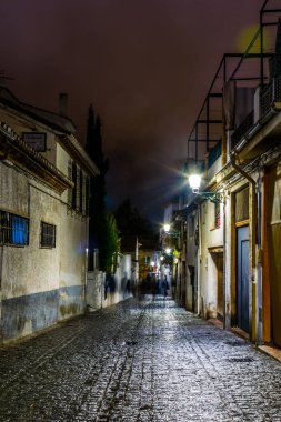İspanyol şehri Granada 'nın tarihi merkezinde aydınlık bir caddenin gece görüşü