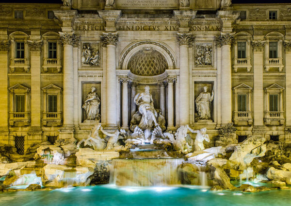 Night view over fontana di trevi in rome