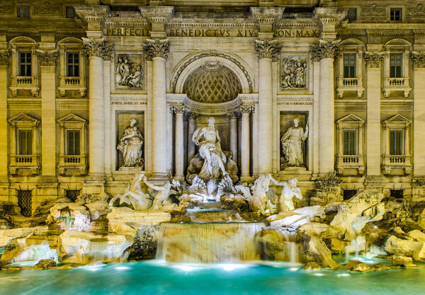 Night view over fontana di trevi in rome