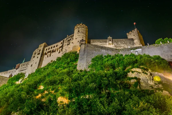 Nattutsikt Över Den Festliga Fästningen Hohensalzburg Centrala Salzburg Österrike — Stockfoto