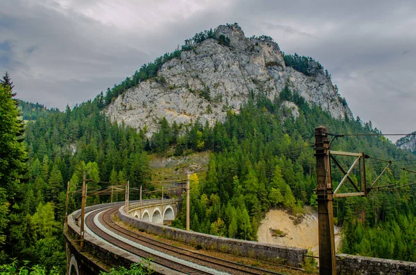 Vista Ponte Ferroviario Della Ferrovia Semmeringbahn Austria Che Parte Del — Foto Stock