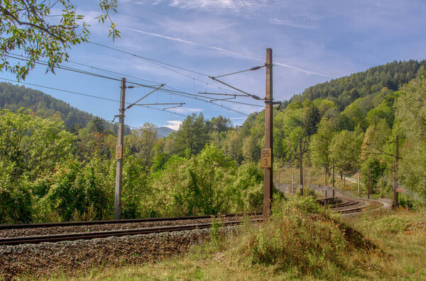 detail of semmeringbahn railroad leading through a dense forest in austria