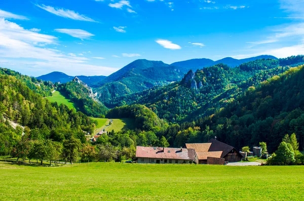 Arkaplanda klamm şatosu olan semmeringbahn demiryolu boyunca uzanan Avusturyalı dağların manzarası.