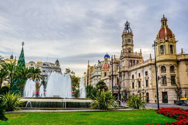 Town Hall Spanish City Valencia Hidden Fountain — ストック写真