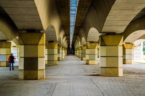 Valenca 'daki Turia Gardens' ın içindeki simetrik beton köprü manzarası.