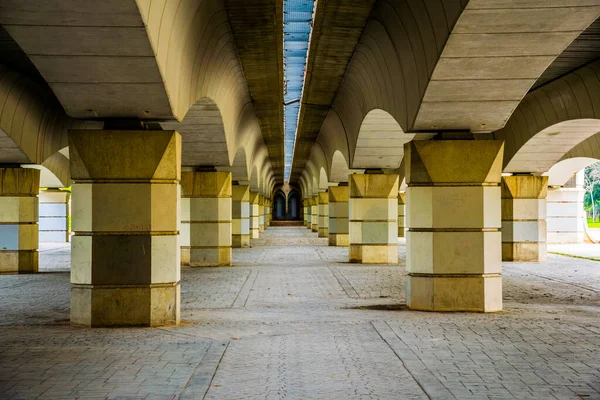 Valenca 'daki Turia Gardens' ın içindeki simetrik beton köprü manzarası.