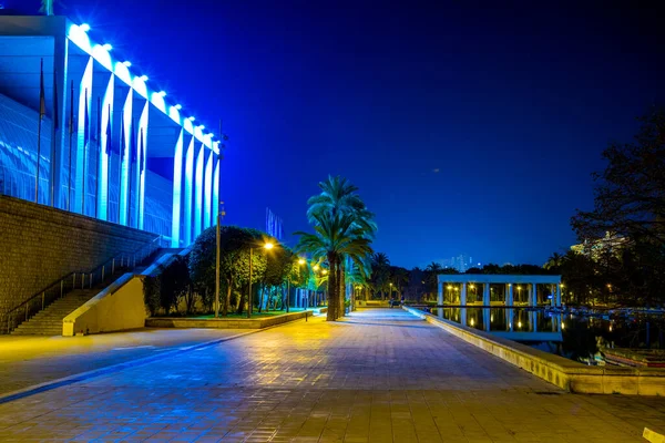 View Palau Musica Valencia Concert Hall Reflecting Pond Night — Fotografia de Stock