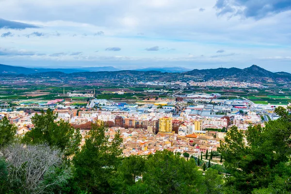 Luchtfoto Van Spaanse Stad Xativa Beroemd Zijn Kasteel — Stockfoto