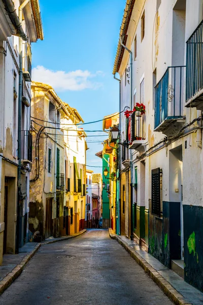 Colourful Narrow Street Xativa Town Valencia Which Famous Its Castle — Foto de Stock