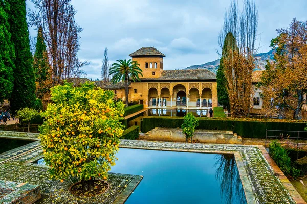 Alhambra de Granada. El Partal 'da. Hanımlar Kulesi 'nin arkasında duran kemerli kapıya bakan büyük bir gölet.