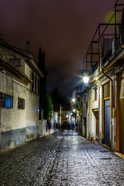İspanyol şehri Granada 'nın tarihi merkezinde aydınlık bir caddenin gece görüşü