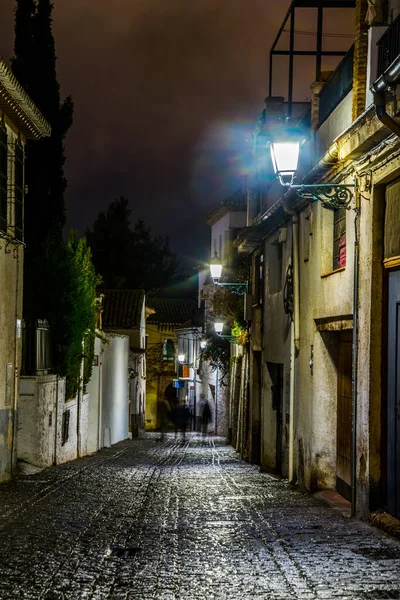 İspanyol şehri Granada 'nın tarihi merkezinde aydınlık bir caddenin gece görüşü