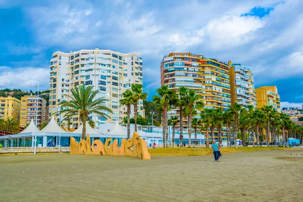 View Malagueta Sign Marking Entrance Beach Same Name Spanish City — Foto Stock