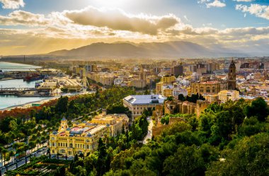 Limanı, belediye binası ve katedrali olan Malaga 'nın hava manzarası