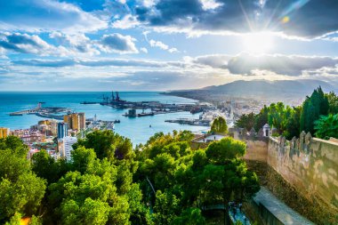 aerial view of the port of malaga during sunset