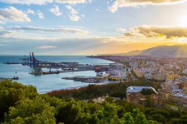 aerial view of the port of malaga during sunset