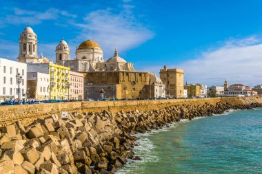 view of cadiz in spain including local cathedral
