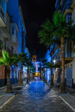 İspanya 'nın Cadiz şehrindeki gurme caddesinin gece manzarası.