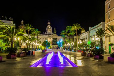 night view of a fountain situated on the square of saint john of god in cadiz with town hall on background