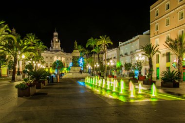 night view of a fountain situated on the square of saint john of god in cadiz with town hall on background
