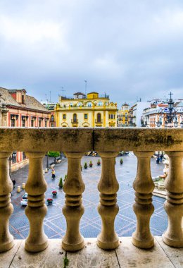 aerial view of the plaza de la virgen in sevilla from a balcony of the la giralda tower