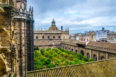 Sevilla katedralinin içindeki Naranjos terasının havadan görünüşü.