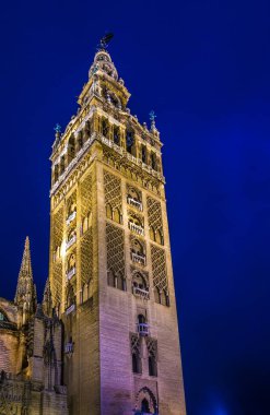 Sevilla 'daki La Girlada Kulesi' nin gece manzarası