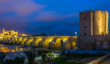 İspanyol şehri Cordoba 'daki La mezquita katedrali ve kalahorra kulesiyle Guadalquivir nehri üzerindeki aydınlatılmış Roma köprüsünün gece görüşü.