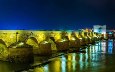 İspanya 'nın Cordoba kentindeki Guadalquivir nehri üzerindeki aydınlık Roma köprüsünün gece görüşü.