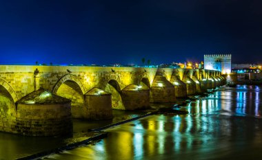 İspanya 'nın Cordoba kentindeki Guadalquivir nehri üzerindeki aydınlık Roma köprüsünün gece görüşü.