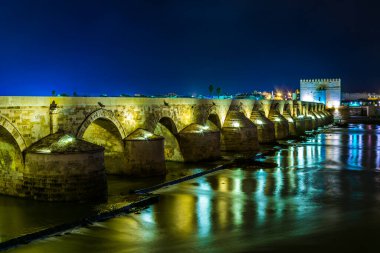 İspanya 'nın Cordoba kentindeki Guadalquivir nehri üzerindeki aydınlık Roma köprüsünün gece görüşü.