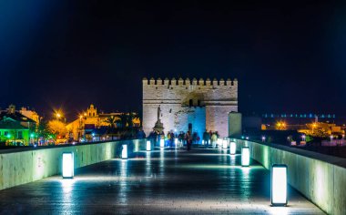 İnsanlar İspanya 'nın Cordoba şehrindeki Roma köprüsünden geçerek La mezquita katedraline doğru yürüyorlar..