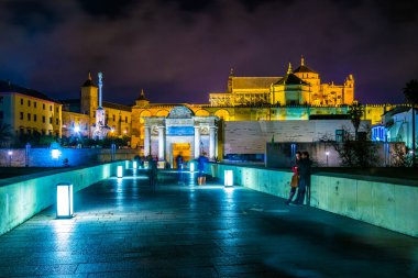 İnsanlar İspanya 'nın Cordoba şehrindeki Roma köprüsünden geçerek La mezquita katedraline doğru yürüyorlar..
