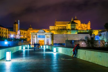 İnsanlar İspanya 'nın Cordoba şehrindeki Roma köprüsünden geçerek La mezquita katedraline doğru yürüyorlar..