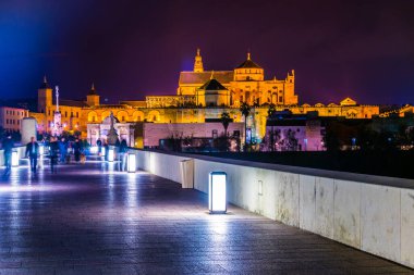 İspanya 'nın Cordoba kentindeki Guadalquivir nehri üzerindeki aydınlık Roma köprüsünün gece görüşü.