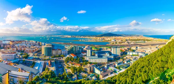 Aerial View Gibraltar Its Airport Linea Concepcion Town Spain Algeciras — Foto de Stock