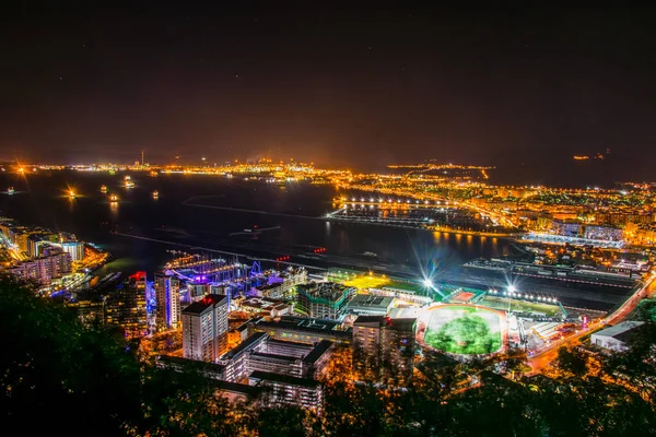 Night Aerial View Illuminated Gibraltar Its Airport Linea Concepcion Town — Stock Photo, Image