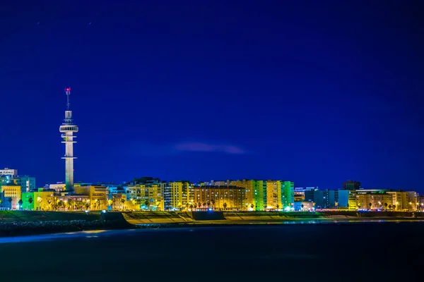 Night View Waterfront Cadiz City Spain Distinctive Tower — Stok fotoğraf